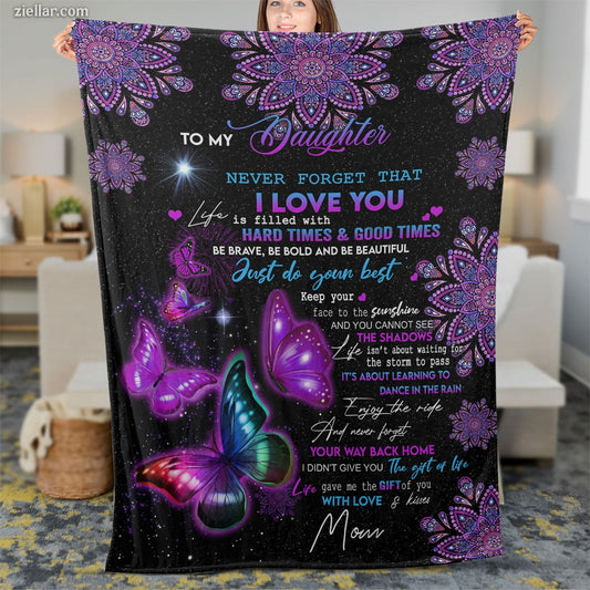 To My Daughter Quilt Blanket, Fleece Blanket Purple Butterfly Gift for Encouragement