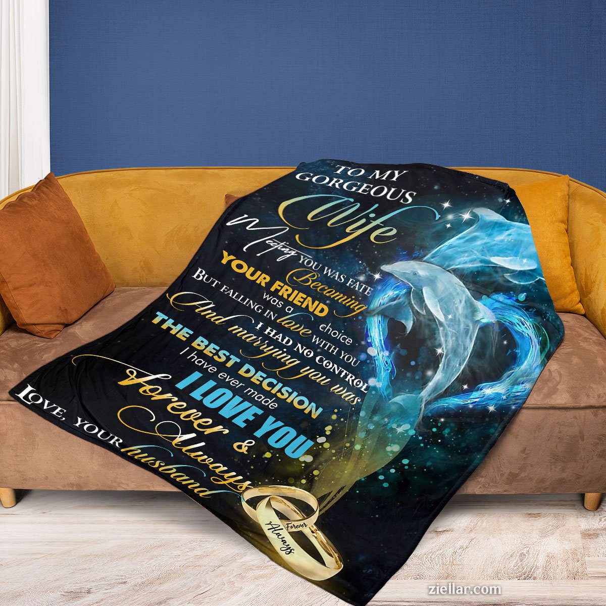 To My Gorgeous Wife Quilt Blanket, Fleece Blanket Ocean and Rings Gift from Husband