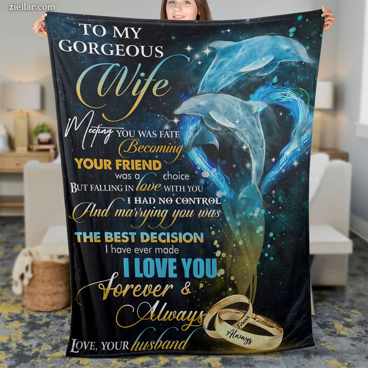 To My Gorgeous Wife Quilt Blanket, Fleece Blanket Ocean and Rings Gift from Husband