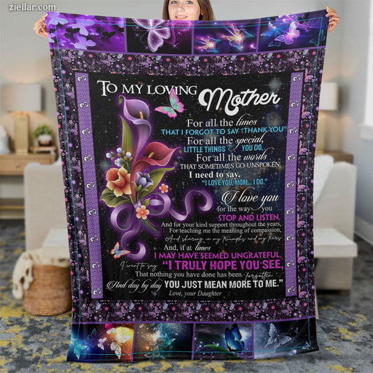 To My Loving Mother Quilt Blanket, Fleece Blanket Purple Floral Design Gift for Mom