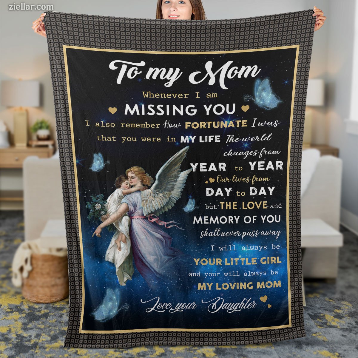 To My Mom Quilt Blanket, Fleece Blanket Memorial Gift from Daughter with Angel and Wings