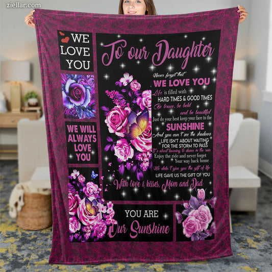 To Our Daughter Quilt Blanket, Fleece Blanket Gift with Pink Rose and Heartfelt Message
