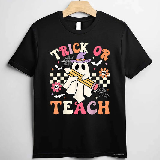 Trick Or Teach Groovy Teacher Halloween Retro Floral Ghost Tee, Halloween T-Shirt for Men Women Adults Unisex, Cool Casual Street Style, Premium Quality