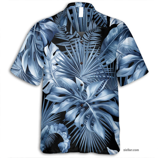 Tropical Blue Foliage Hawaiian Shirt and Tee, Summer Aloha Gift for Adults