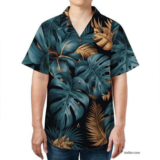 Tropical Black Hawaiian Shirt Tee, Teal Gold Palm Leaves Beach Outfit
