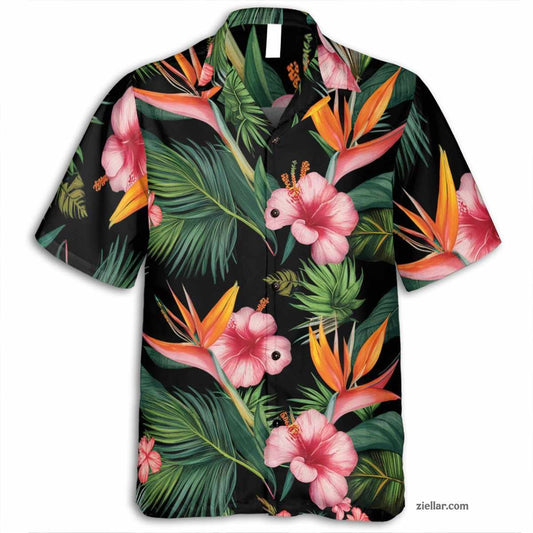 Tropical Bird of Paradise Hawaiian Shirt and Tee, Vacation Floral Outfit