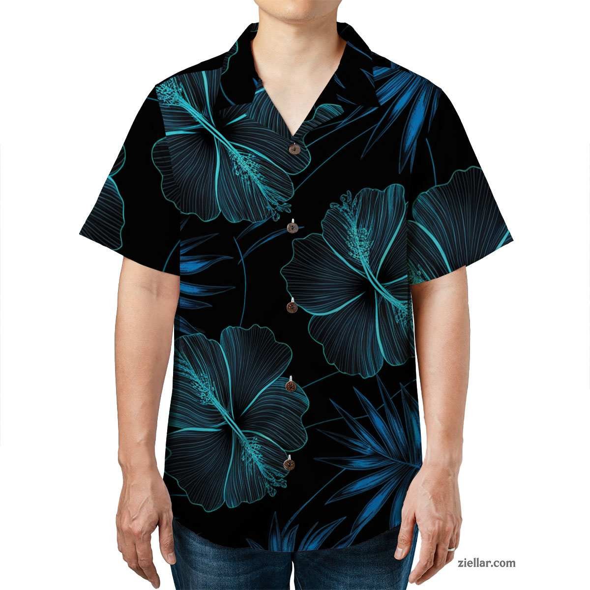 Tropical Hibiscus Hawaiian Shirt and Tee, Black Blue Summer Vacation Gift