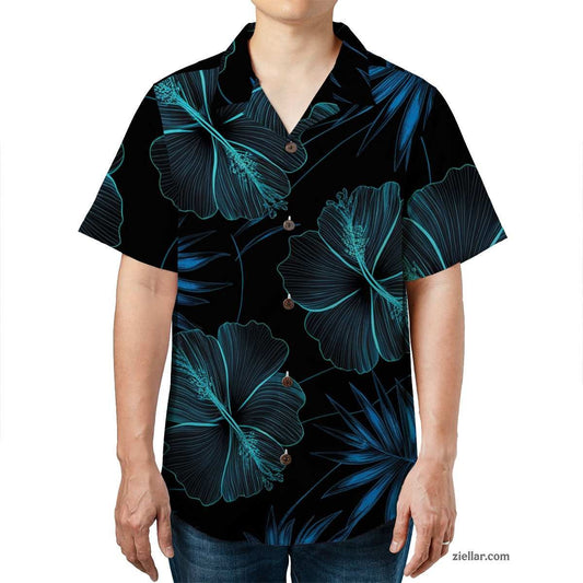Tropical Hibiscus Hawaiian Shirt and Tee, Black Blue Summer Vacation Gift