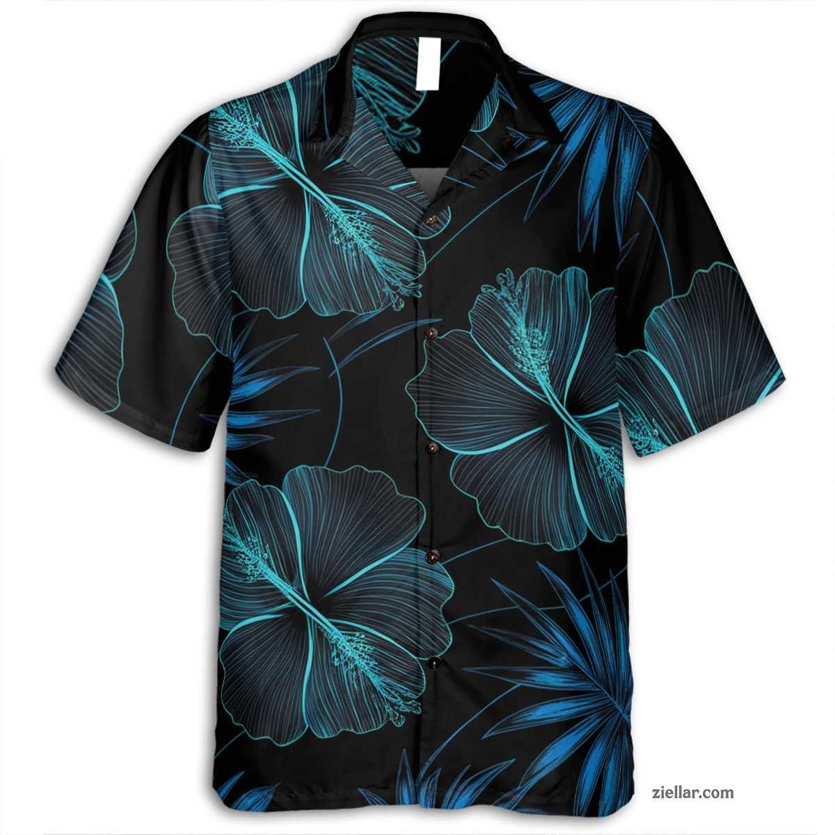Tropical Hibiscus Hawaiian Shirt and Tee, Black Blue Summer Vacation Gift