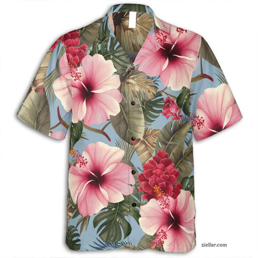 Tropical Light Blue Hawaiian Shirt and Tee, Vacation Palm Floral Print Gift