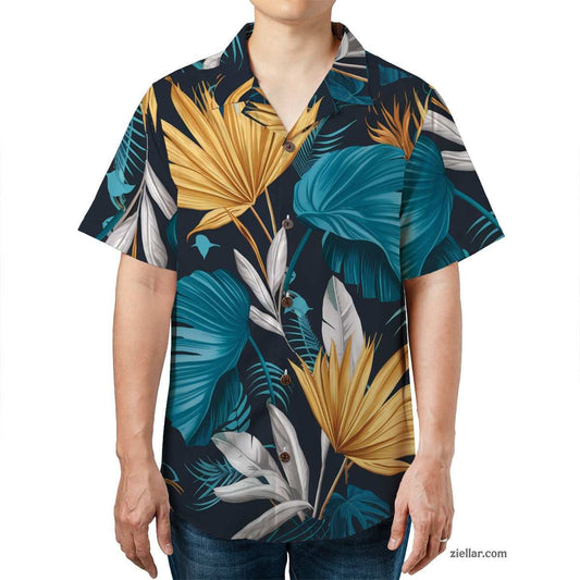 Tropical Leaf Hawaiian Shirt and Tee, Teal Gold White Summer Vacation Wear
