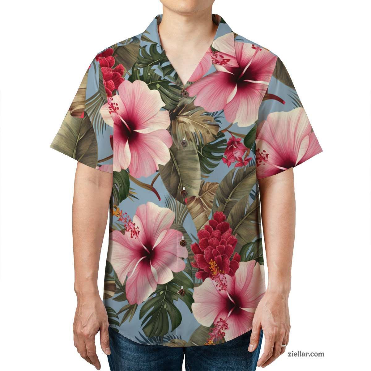 Tropical Light Blue Hawaiian Shirt and Tee, Vacation Palm Floral Print Gift
