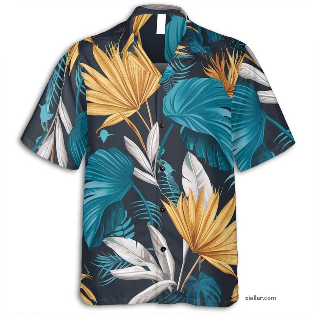Tropical Leaf Hawaiian Shirt and Tee, Teal Gold White Summer Vacation Wear