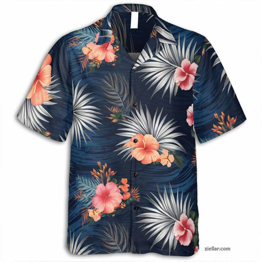 Tropical Navy Hawaiian Shirt and Tee, Flowers and Leaves Aloha Beach Outfit