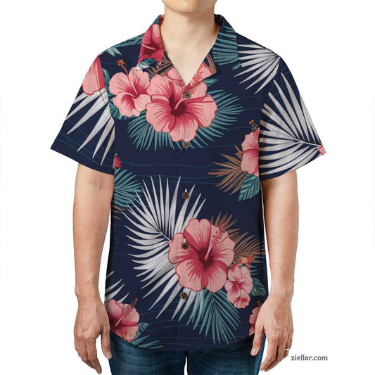 Tropical Navy Hawaiian Shirt and Tee, Hibiscus Palm Beachwear for Adults
