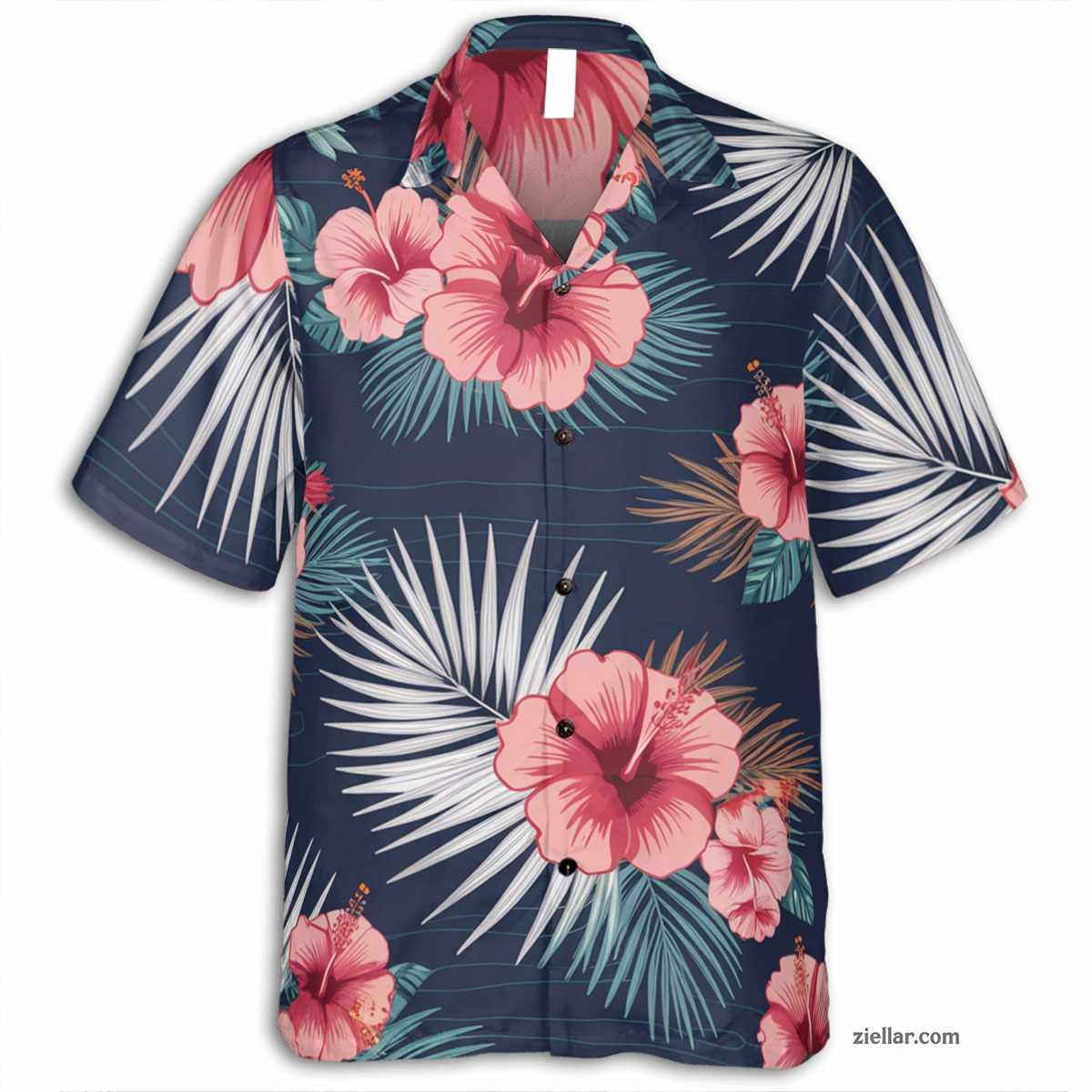 Tropical Navy Hawaiian Shirt and Tee, Hibiscus Palm Beachwear for Adults