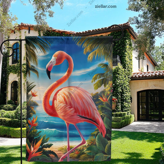 Tropical Paradise Scene with a Graceful Flamingo, Colorful Flowers and Blue Sky