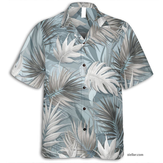 Tropical Palm Leaf Hawaiian Shirt and Tee, Stylish Blue Casual Beach Outfit