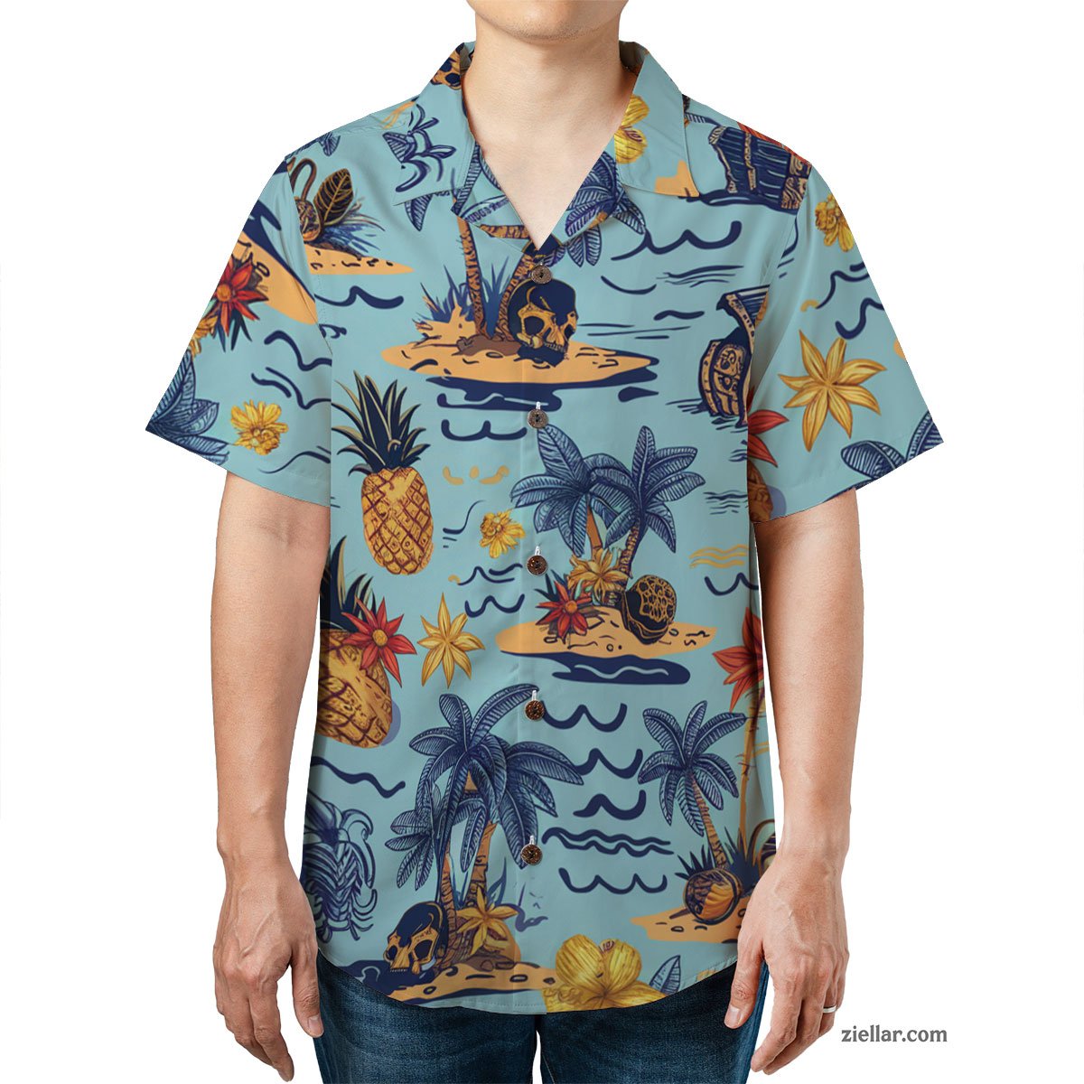 Tropical Paradise Hawaiian Shirt Tee, Sky Blue Aloha Vacation Shirt