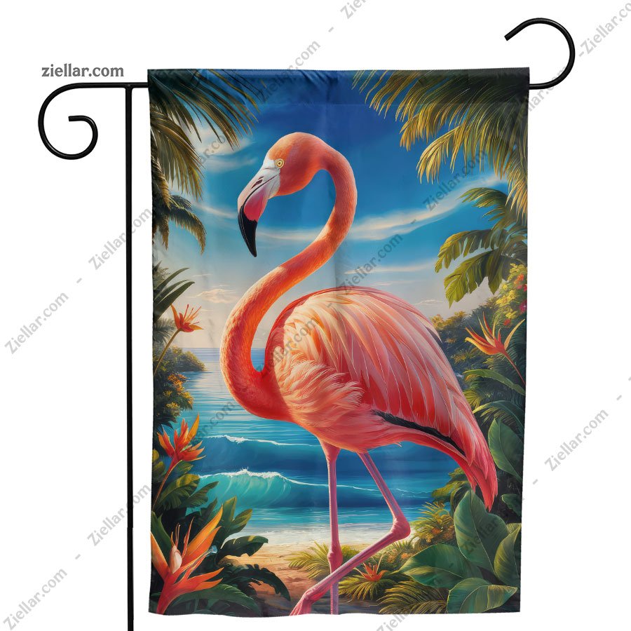 Tropical Paradise Scene with a Graceful Flamingo, Colorful Flowers and Blue Sky