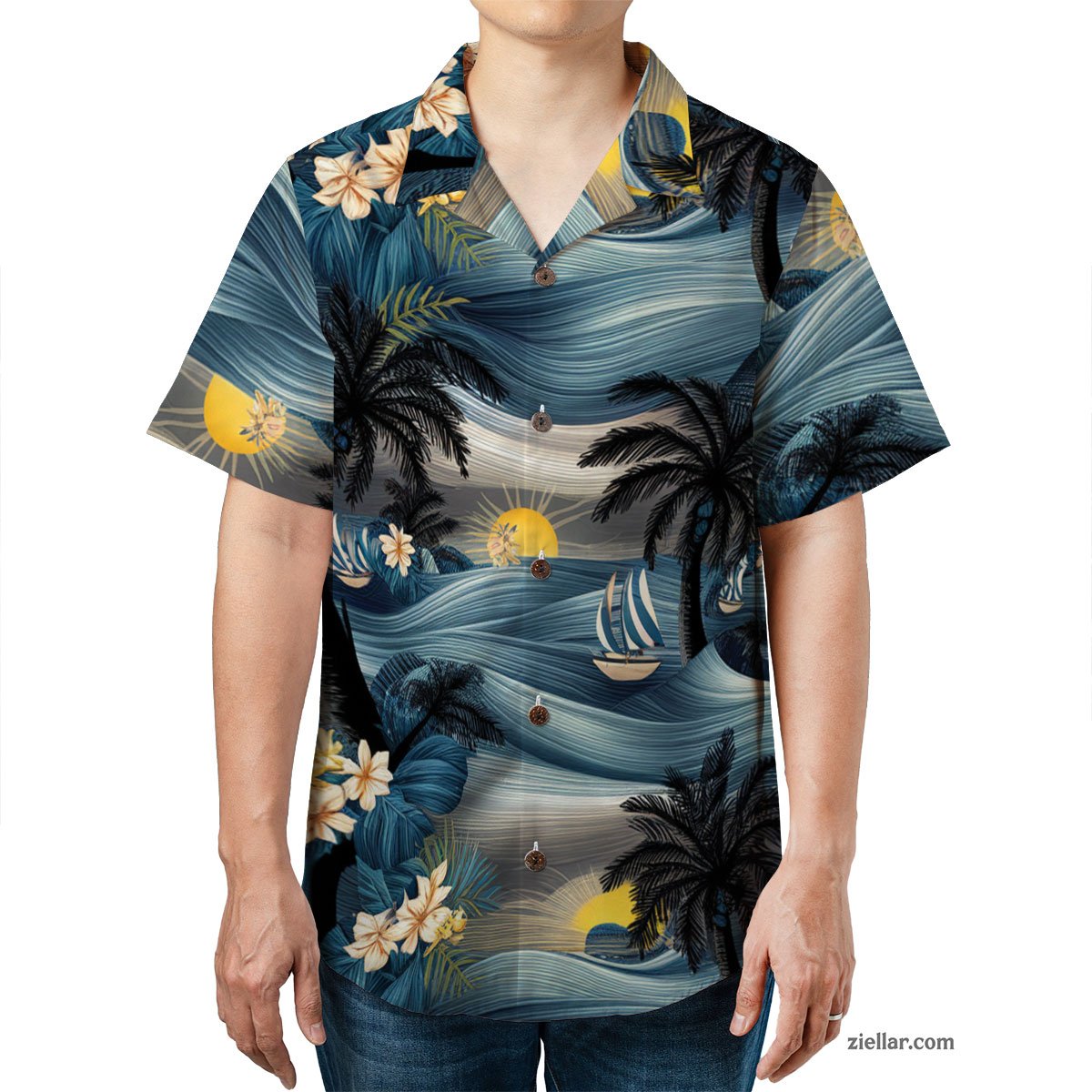 Tropical Palm Tree Sunset Hawaiian Shirt Tee, Vacation Outfit for Adults