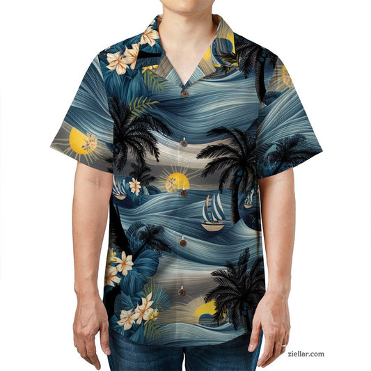 Tropical Palm Tree Sunset Hawaiian Shirt Tee, Vacation Outfit for Adults