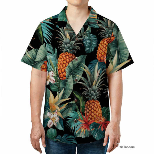 Tropical Pineapple Leaves Hawaiian Shirt Tee, Blue Aloha Vacation Shirt