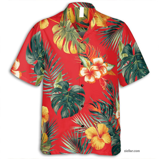 Tropical Red Floral Hawaiian Shirt and Tee, Vibrant Beach Shirt for Adults