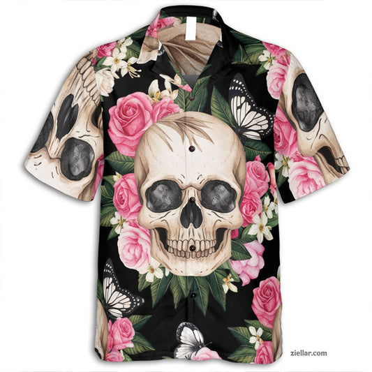 Tropical Skull Butterfly Hawaiian Shirt Tee, Punk Summer Outfit for Men