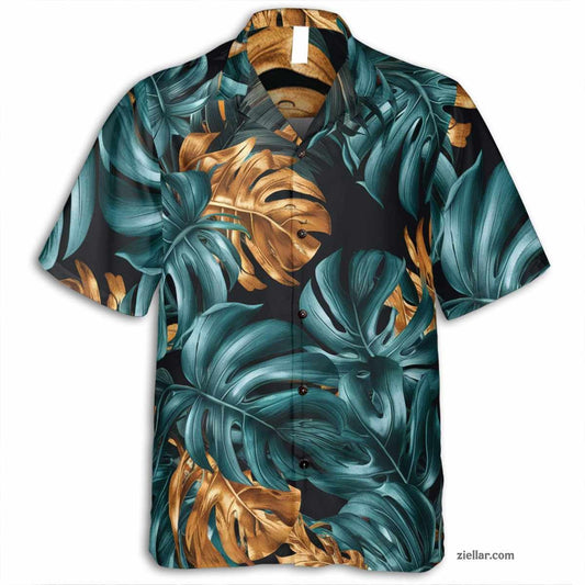 Tropical Teal Gold White Hawaiian Shirt and Tee, Aloha Vacation Wear Gift