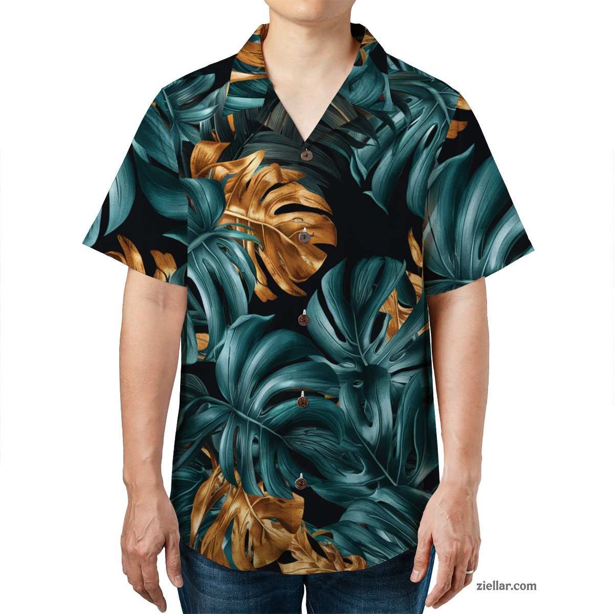 Tropical Teal Gold White Hawaiian Shirt and Tee, Aloha Vacation Wear Gift