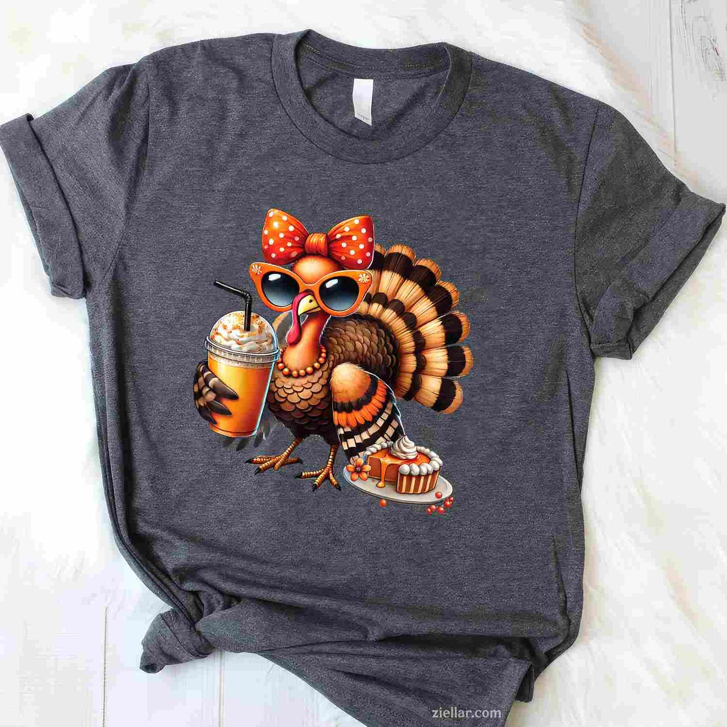 Turkey Drinking Coffee Bow Thanksgiving Womens Turkey Day T-Shirt and Tee for Adults Men Women Unisex