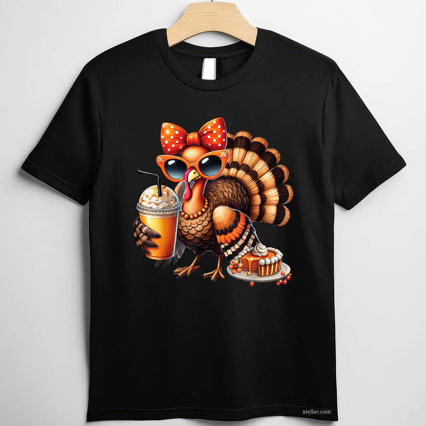 Turkey Drinking Coffee Bow Thanksgiving Womens Turkey Day T-Shirt and Tee for Adults Men Women Unisex