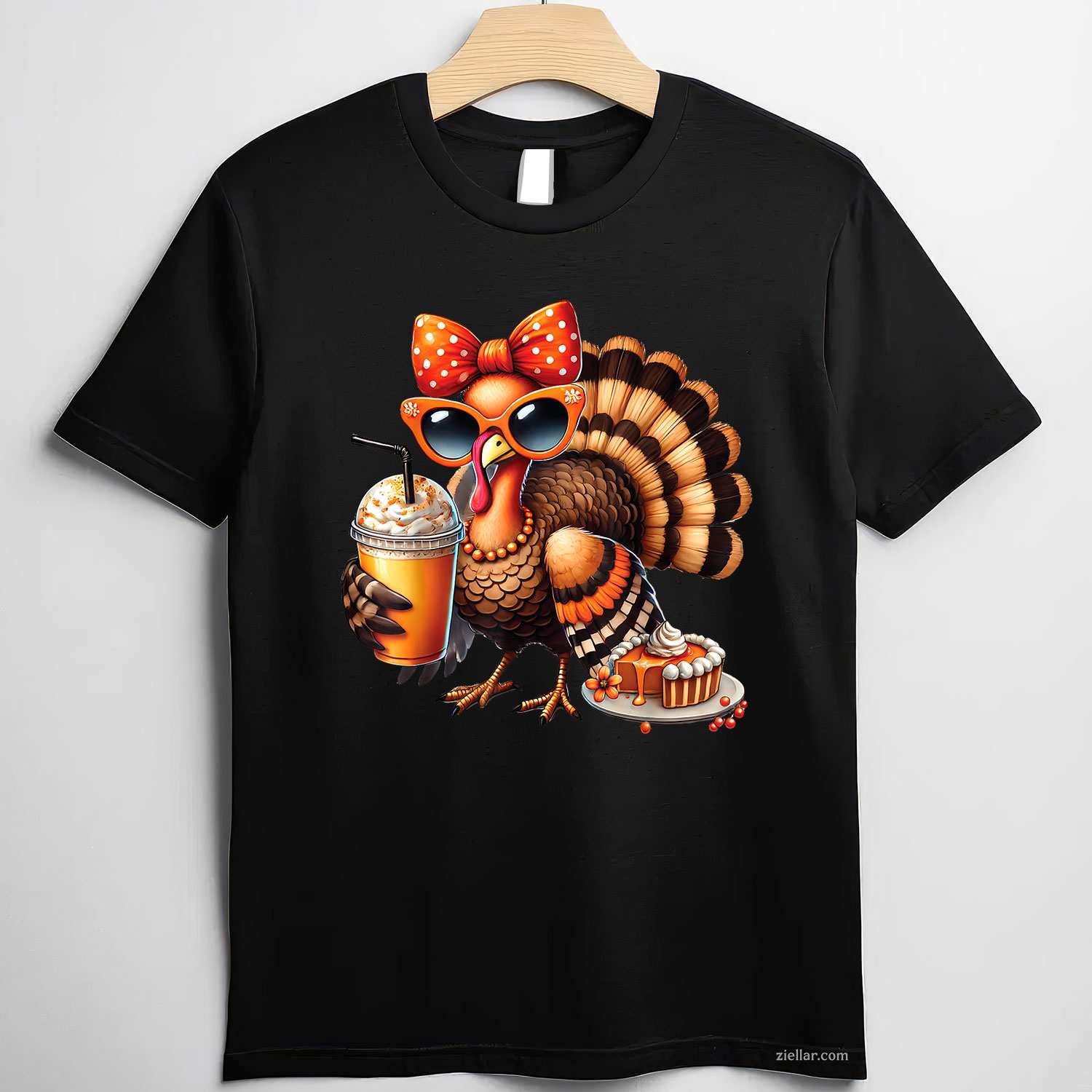 Turkey Drinking Coffee Bow Thanksgiving Womens Turkey Day T-Shirt and Tee for Adults Men Women Unisex