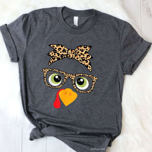 Turkey Face Glasses Tee and T-Shirt, Leopard Print Thanksgiving T-Shirt for Women Adults