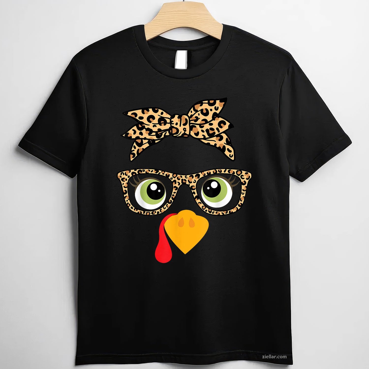 Turkey Face Glasses Tee and T-Shirt, Leopard Print Thanksgiving T-Shirt for Women Adults