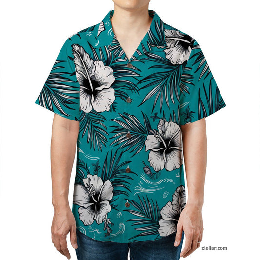 Turquoise Aloha Hawaiian Shirt Tee, Hibiscus Palm Beach Outfit for Adults