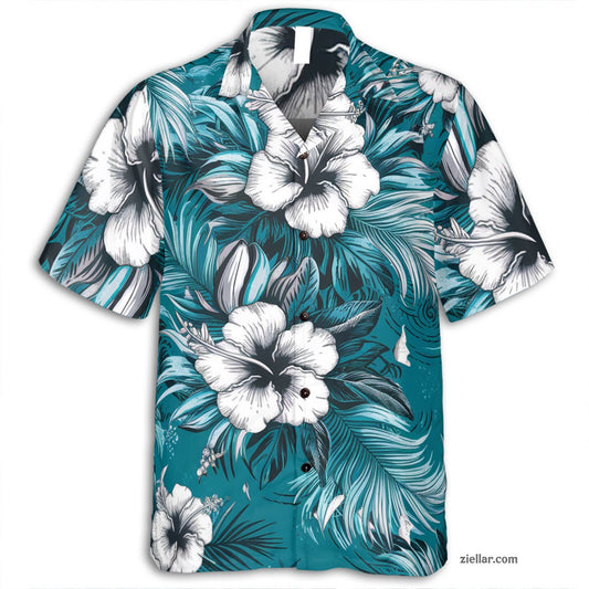 Turquoise Hibiscus Palm Hawaiian Shirt Tee, Tropical Vacation Shirt Adults