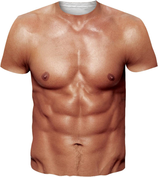 Unisex Fake Abs Muscle Chest 3D T-Shirt Tee, Funny Shredded Bodybuilder Costume Top for Summer
