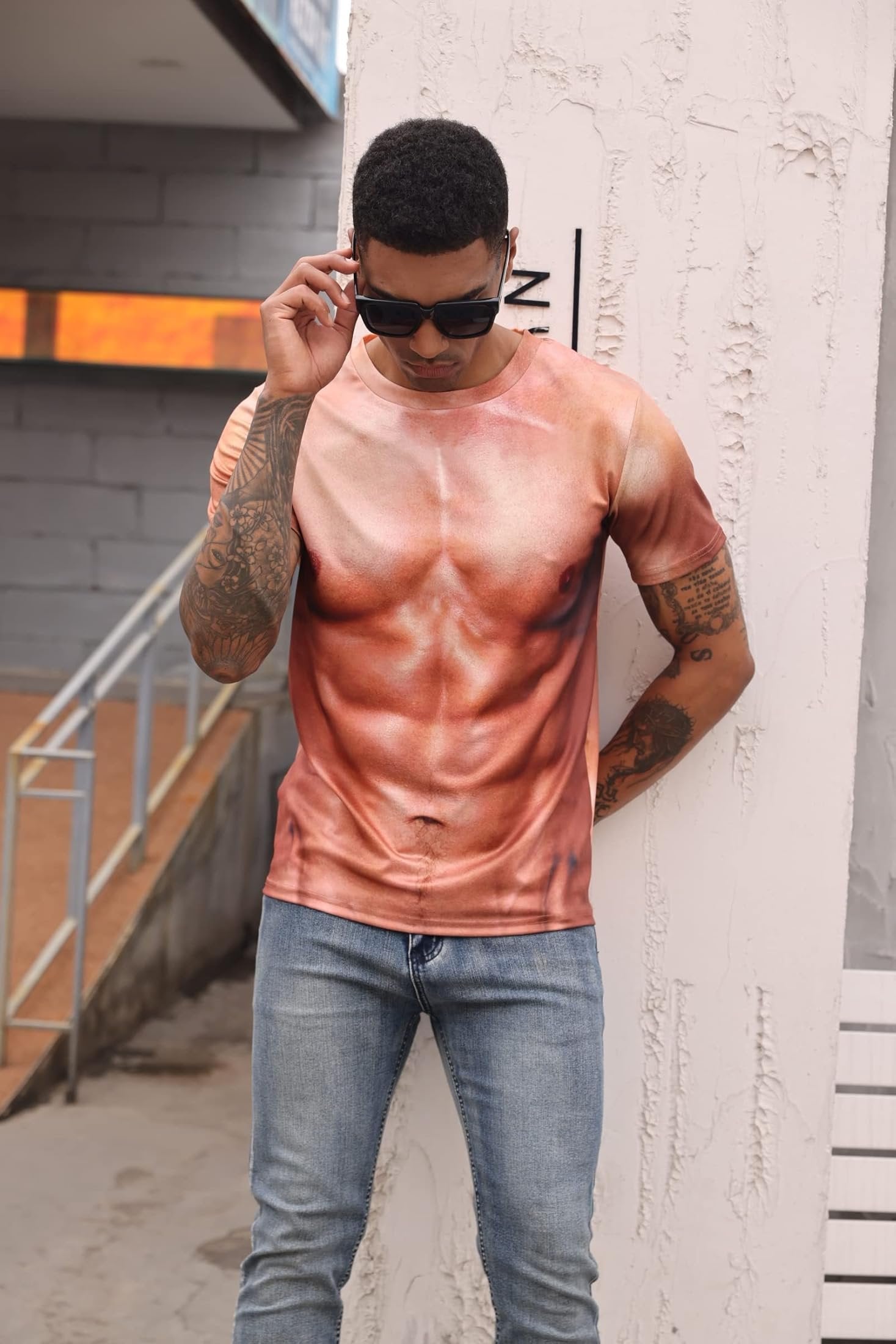 Unisex Fake Abs Muscle Chest 3D T-Shirt Tee, Funny Shredded Bodybuilder Costume Top for Summer