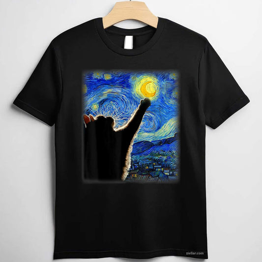 Van Gogh Starry Night Cat  - Classic Fit, Cat Lover_Mom_Dad Gift, Black Crew Neck Funny Graphic Tee and T-Shirt Gift for Adults Men Women Unisex