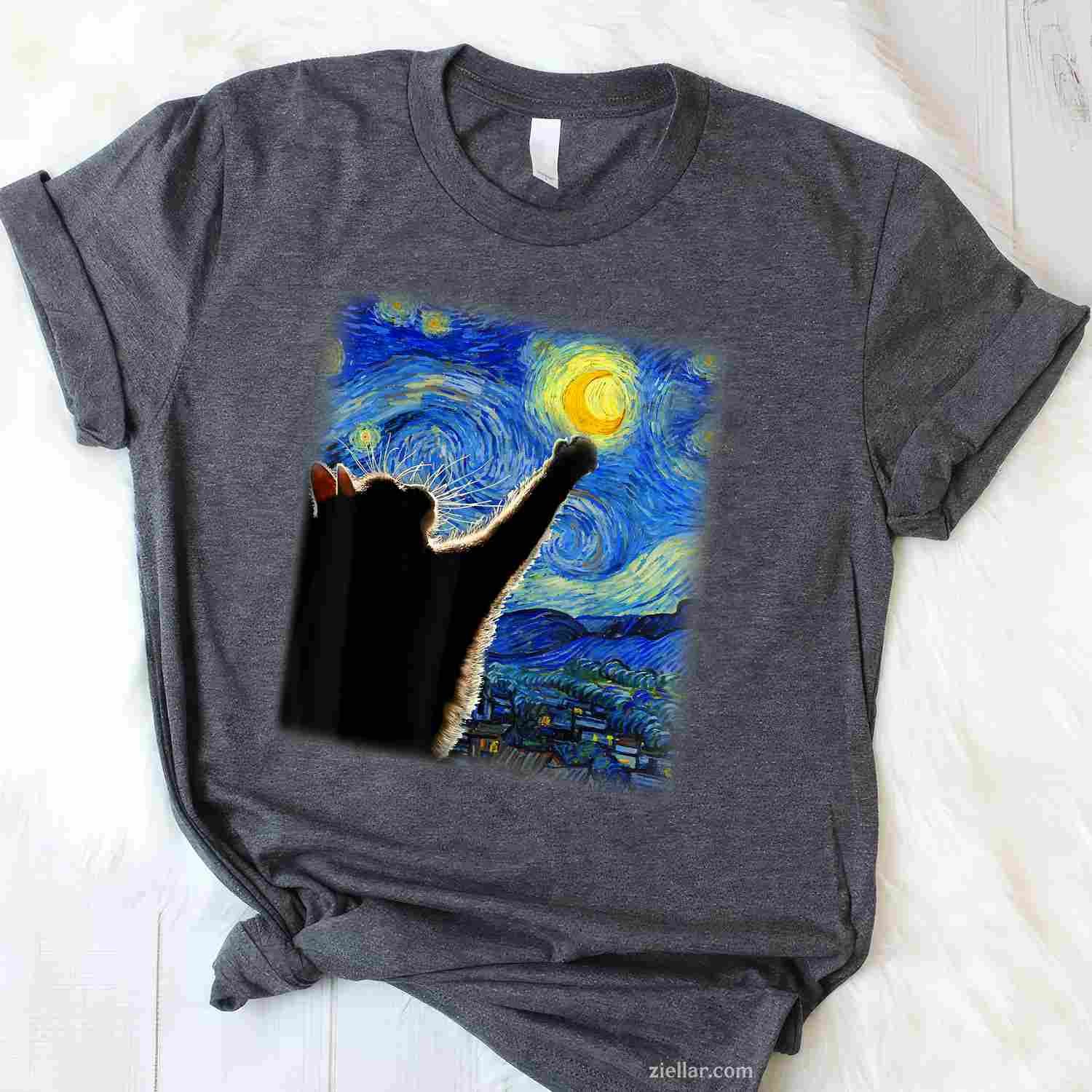 Van Gogh Starry Night Cat  - Classic Fit, Cat Lover_Mom_Dad Gift, Black Crew Neck Funny Graphic Tee and T-Shirt Gift for Adults Men Women Unisex