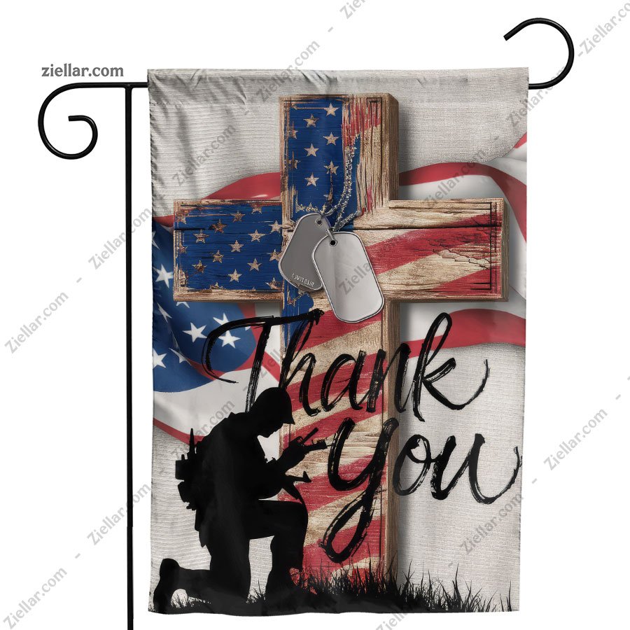 Veteran Thank You Flag Yard Banner with Cross Kneeling Soldier Garden Decor