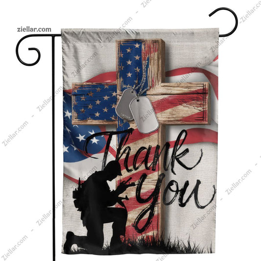 Veteran Thank You Flag Yard Banner with Cross Kneeling Soldier Garden Decor