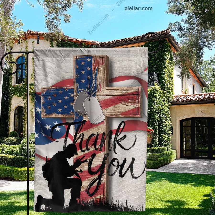 Veteran Thank You Flag Yard Banner with Cross Kneeling Soldier Garden Decor