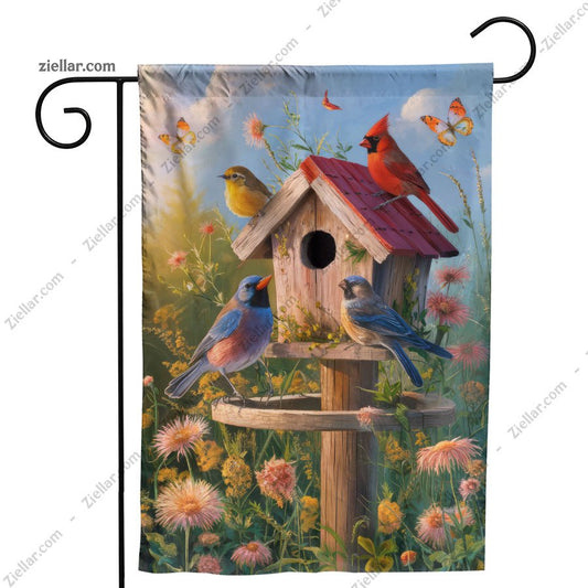 Vibrant Birdhouse with Colorful Birds and Floral Design Yard Patio Banner