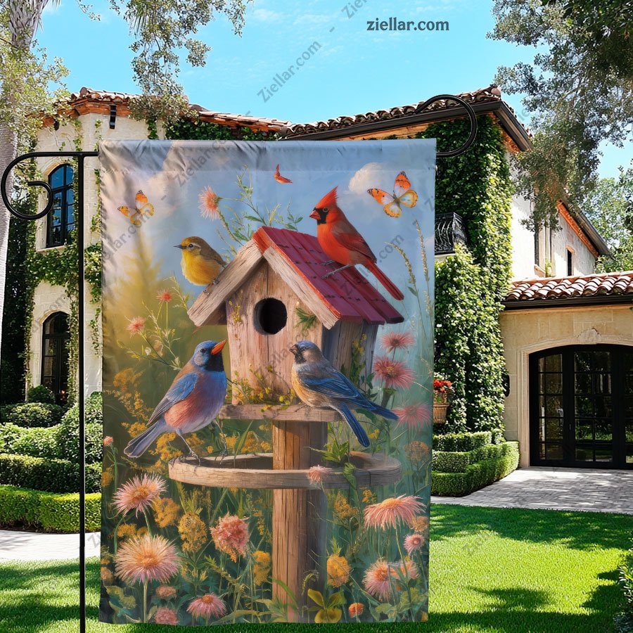 Vibrant Birdhouse with Colorful Birds and Floral Design Yard Patio Banner