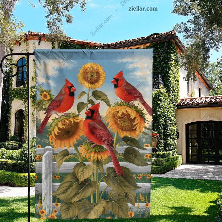 Vibrant Cardinals with Sunflowers Flag Patriotic Summer Fall Outdoor Decor
