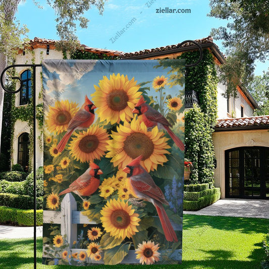 Vibrant Cardinals with Bright Sunflowers Nature Wildlife Farmhouse Decor