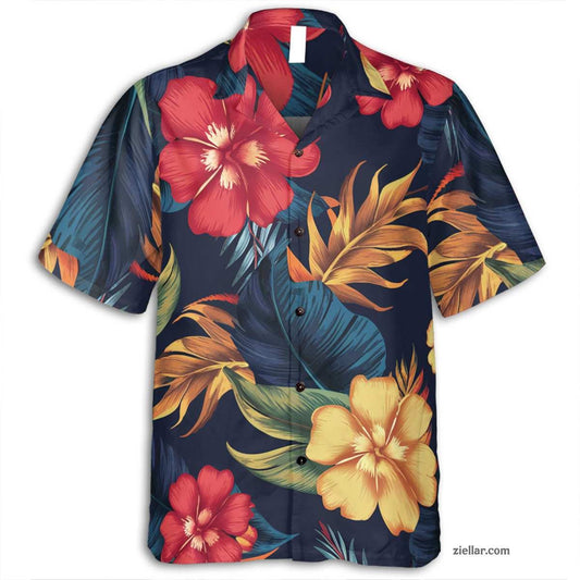 Vibrant Navy Tropical Hawaiian Shirt Tee, Summer Aloha Beach Outfit Adults